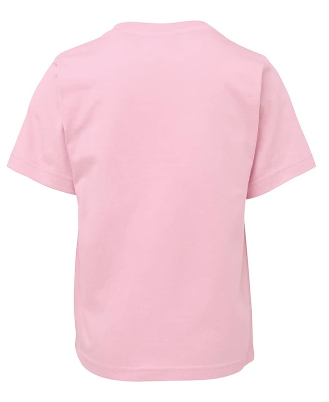 A plain pink kids' T-shirt with short sleeves and a back view. The shirt features a logo.
