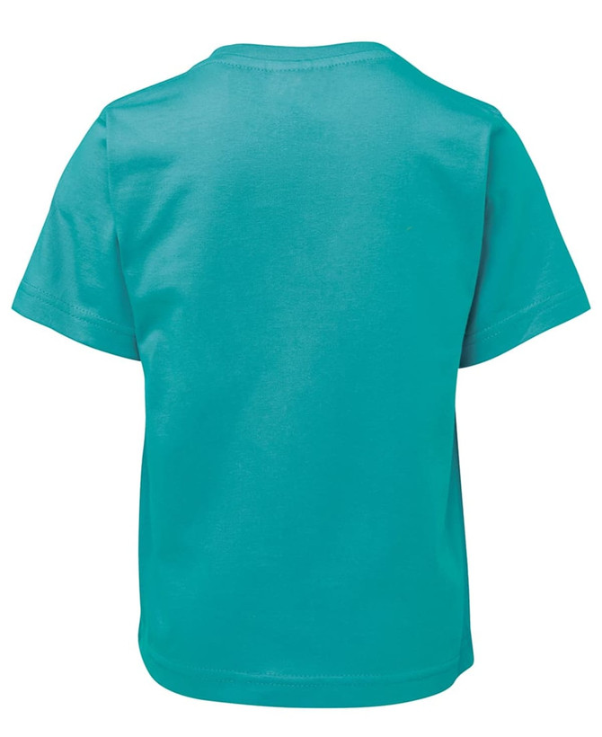 A turquoise children's t-shirt featuring a back view, designed for casual wear. There is a logo on the garment.