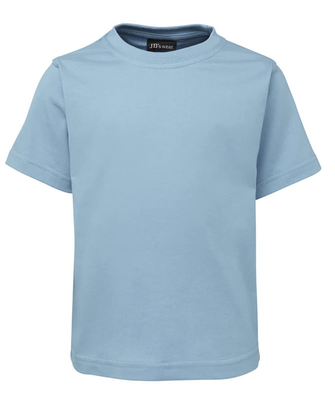 A light blue kids' T-shirt featuring a crew neck and short sleeves, with a small logo on the label.