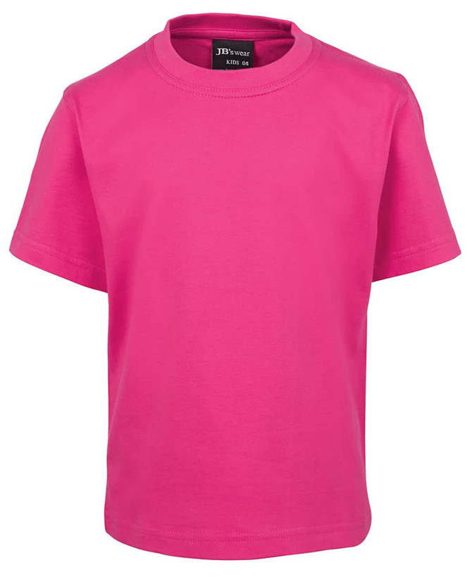 A bright pink kids' t-shirt with a round neckline and short sleeves, featuring a logo on the label.