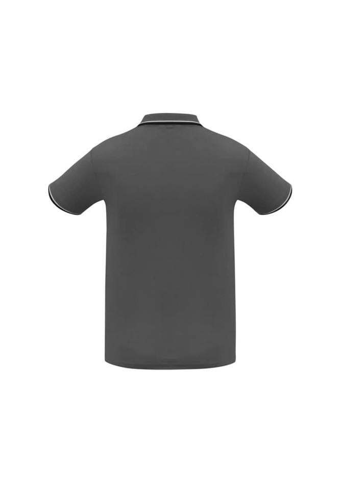 A grey men's short sleeve polo shirt featuring contrasting trim and a collar, with a logo on the chest.
