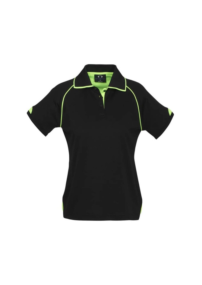 A black women's polo shirt with short sleeves and lime green accents, featuring a logo.