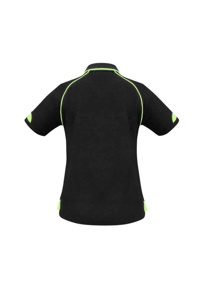 A black women's polo shirt featuring lime green accents and a logo. It has short sleeves and a classic collar.