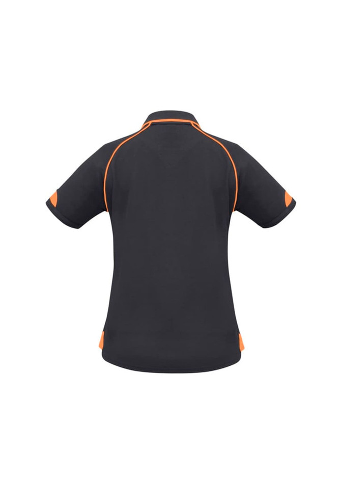 A women's short sleeve polo shirt in black with orange accents and a logo.