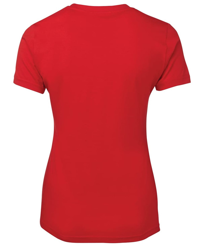A red ladies t-shirt featuring short sleeves and a curved hem. The shirt has a logo on the back.