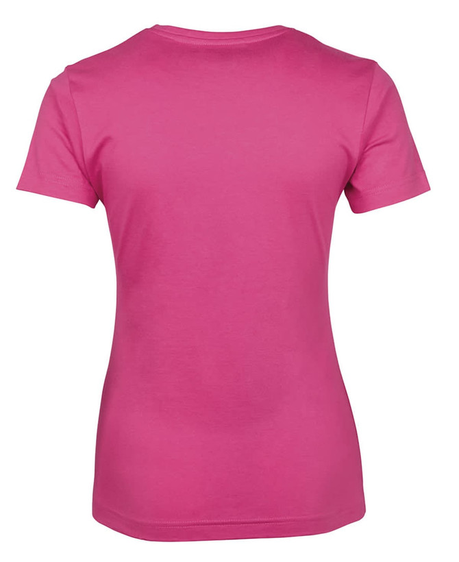 A women's t-shirt in bright pink, showcasing a smooth back design and short sleeves. It features a logo.