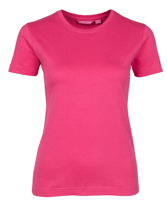 A pink women's t-shirt with short sleeves and a round neckline, featuring a logo on the label.