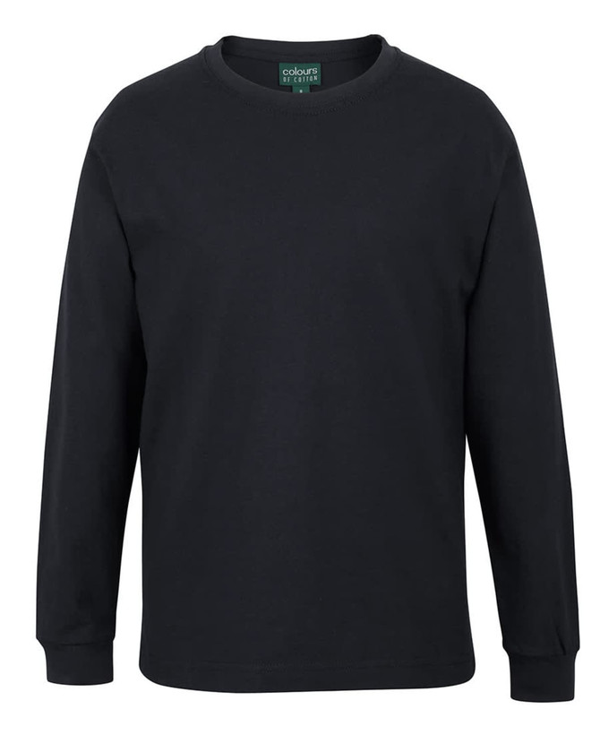A black long-sleeve T-shirt with a round neckline and a logo tag at the collar.