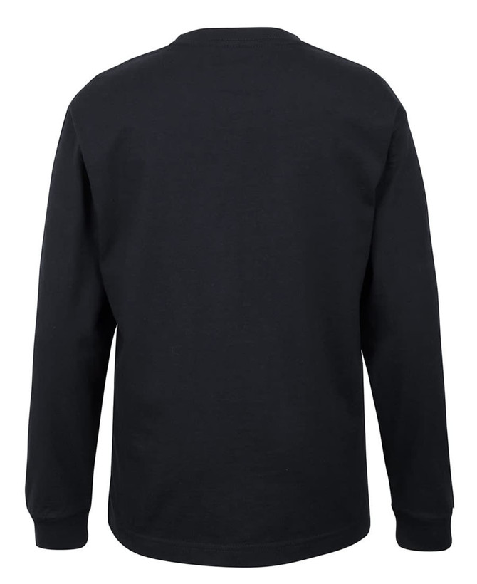 A black long-sleeve T-shirt is displayed, featuring a simple design and a logo on the back.