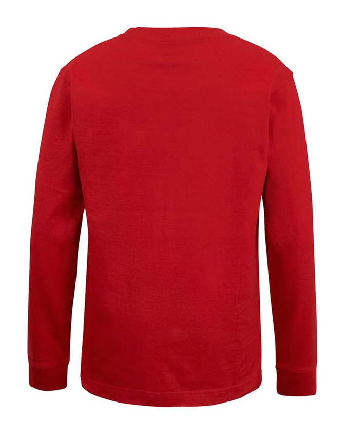 A red long-sleeved T-shirt featuring a plain back and a logo on the upper section.