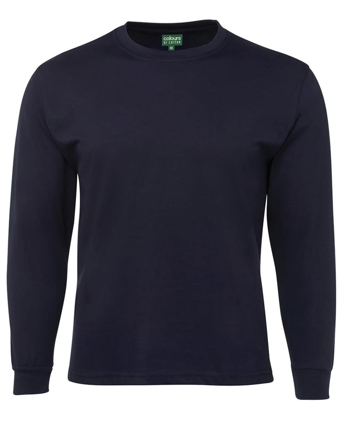 A navy long-sleeve t-shirt with a round neckline and a logo on the label.