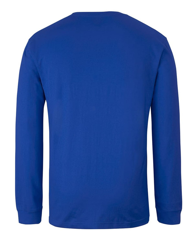 A long-sleeve T-shirt in a vibrant blue colour with a plain back and a branding logo.