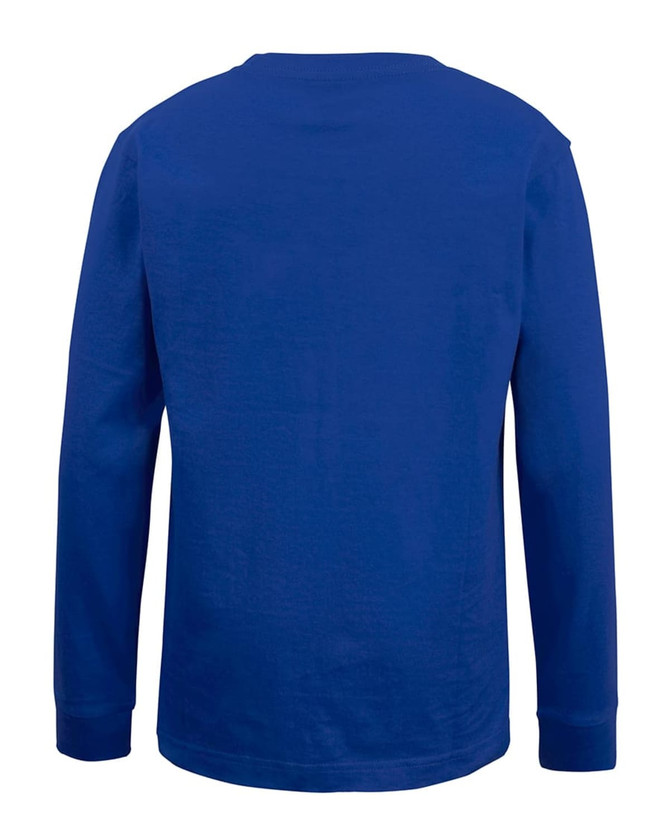 A blue long-sleeve t-shirt with a plain back and no visible branding.