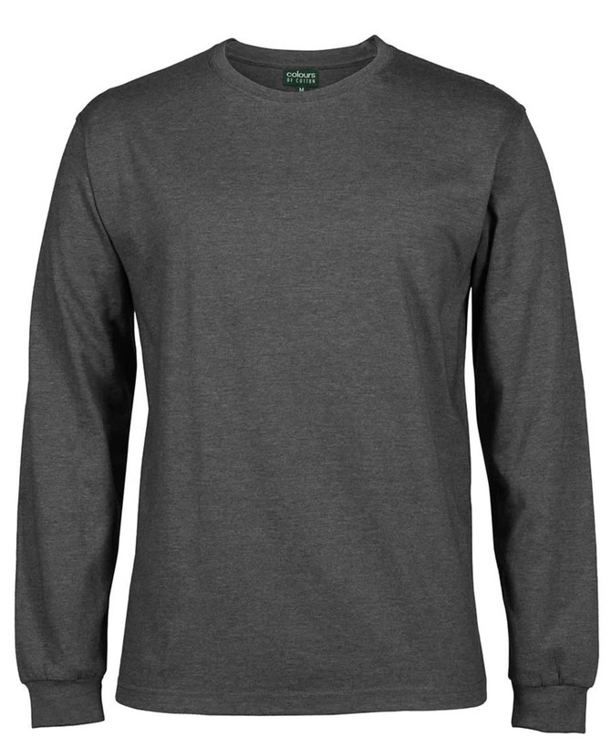A long-sleeve t-shirt in a dark grey colour, featuring a plain design and a small logo at the neckline.