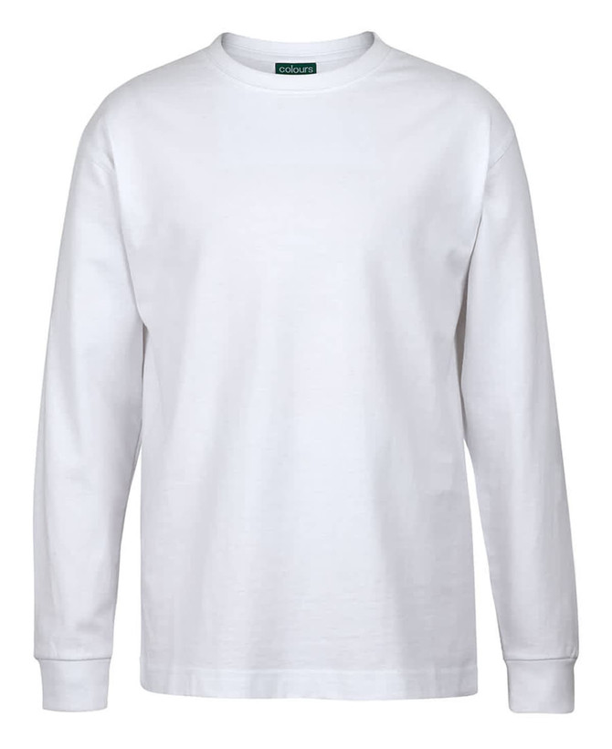 A white long-sleeved T-shirt featuring a logo on the collar. Suitable for casual wear.