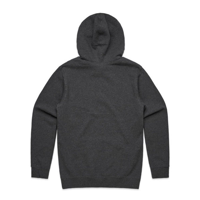 A grey hoodie with a hood and long sleeves, featuring a plain back without any visible branding.
