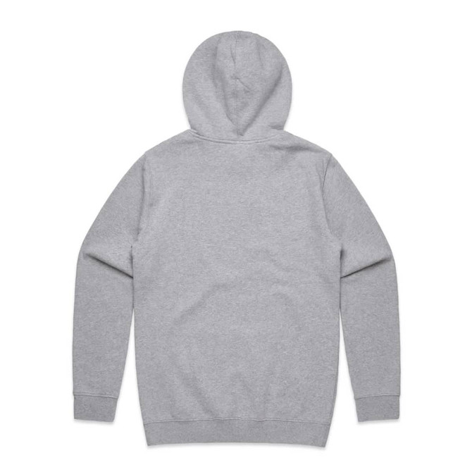 A grey hoodie featuring a hood and long sleeves, with a plain back and a logo.