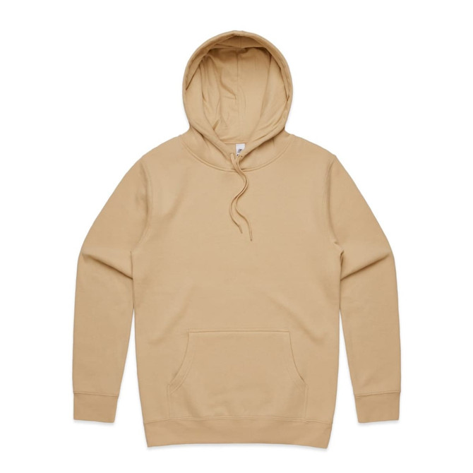 A beige hoodie featuring a front pocket and a drawstring hood. It has a branded logo on it.