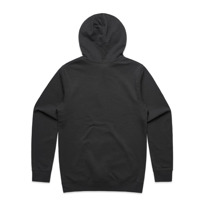 A dark grey hoodie featuring a hood and long sleeves. Includes a logo on the back.