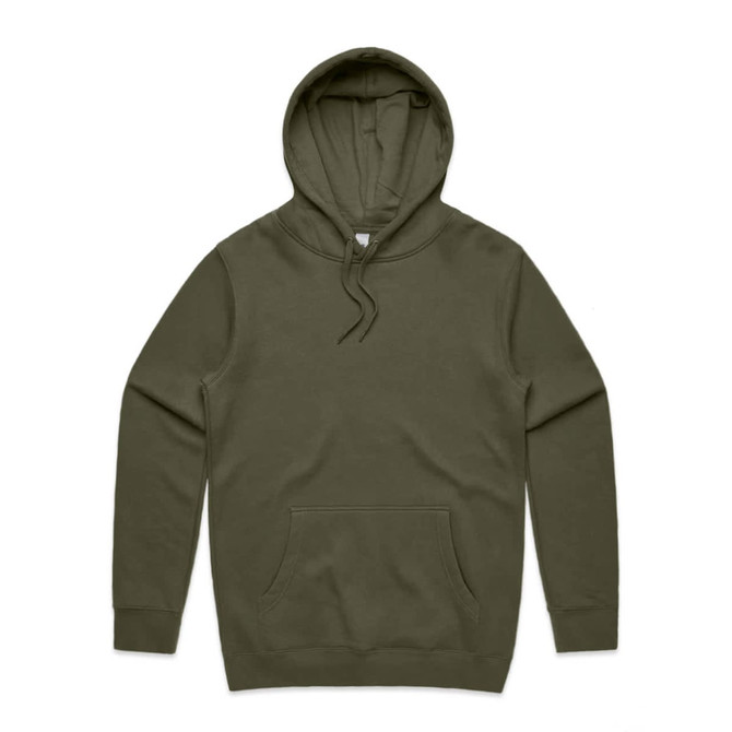 An olive green hoodie with a front pocket and a drawstring hood, featuring a logo.
