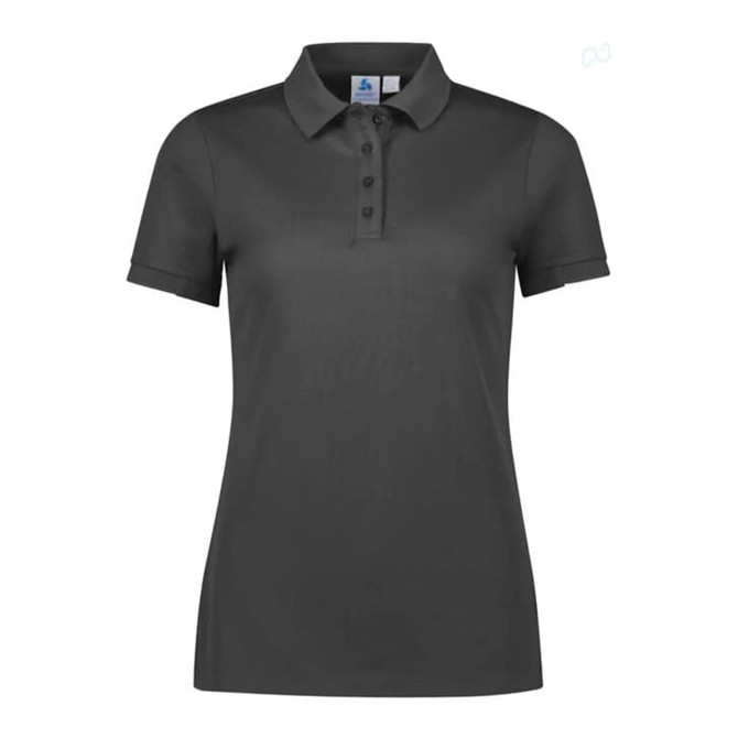 A dark grey women's short sleeve polo shirt featuring a collar and button detailing, with a logo on the chest.