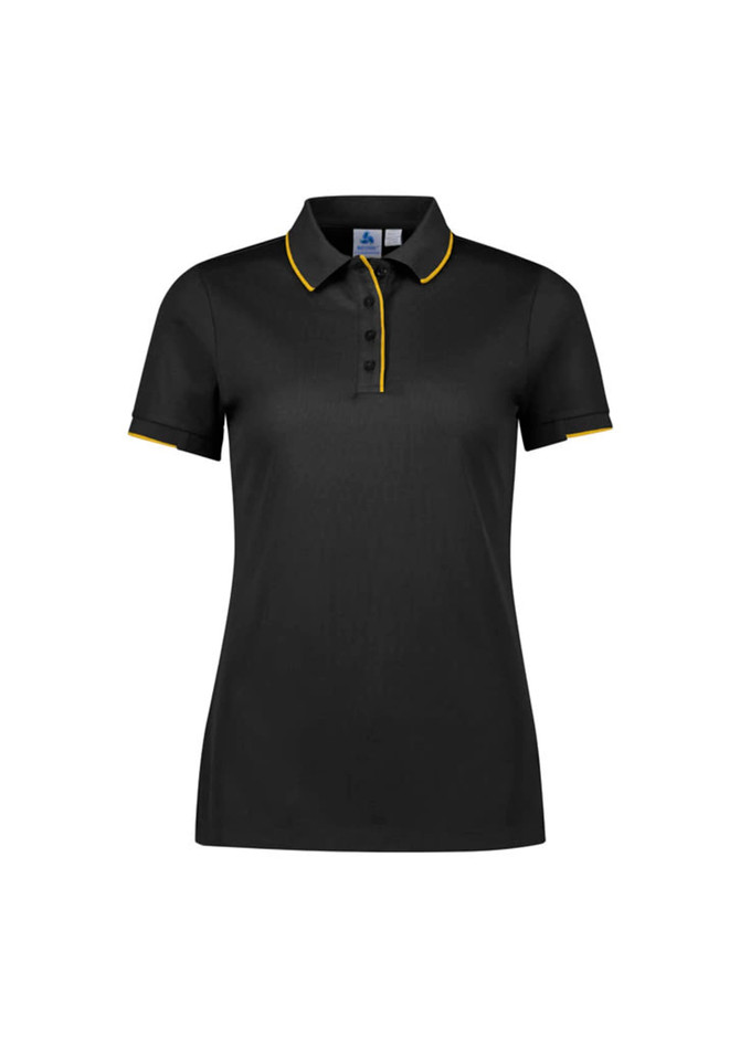 A black short sleeve polo shirt featuring yellow trim and a logo on the chest.
