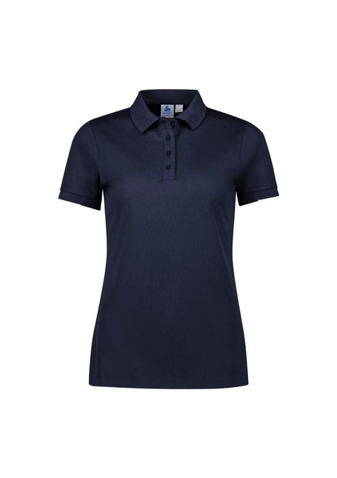 A navy short sleeve polo shirt for women featuring a collar and button placket, with a logo on the chest.