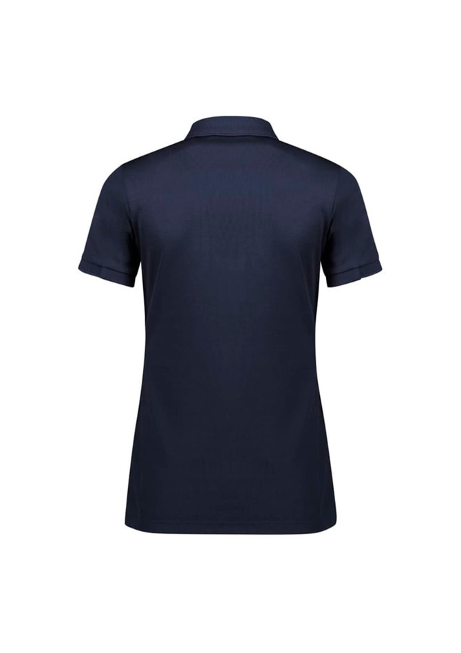 A navy short sleeve polo shirt with a collar and rolled sleeves. Features a logo on the back.