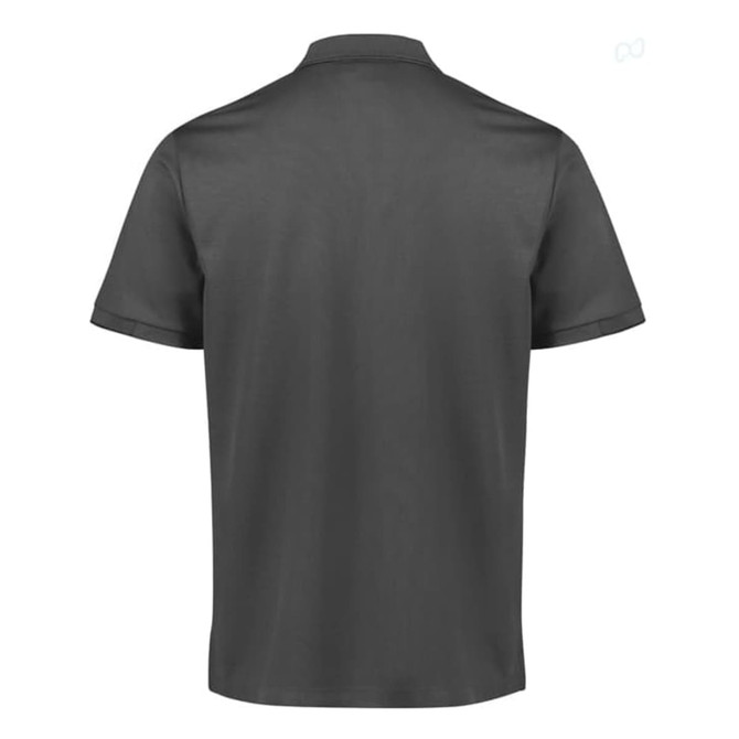A dark grey men's short sleeve polo shirt featuring a collar and a back view. It has a logo on the chest.