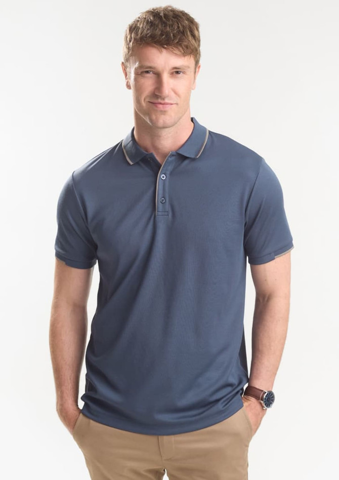 A men's short sleeve polo shirt in navy blue with a collar and a fitted design. It features a subtle logo on the chest.