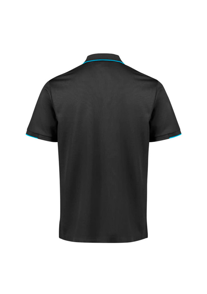 A black short sleeve polo shirt featuring contrasting blue trim and a logo.