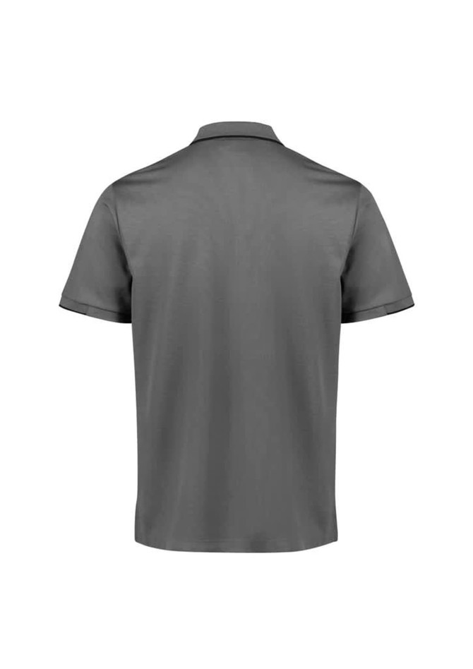 A grey short sleeve polo shirt with a collar and a logo on the back. Suitable for casual wear.