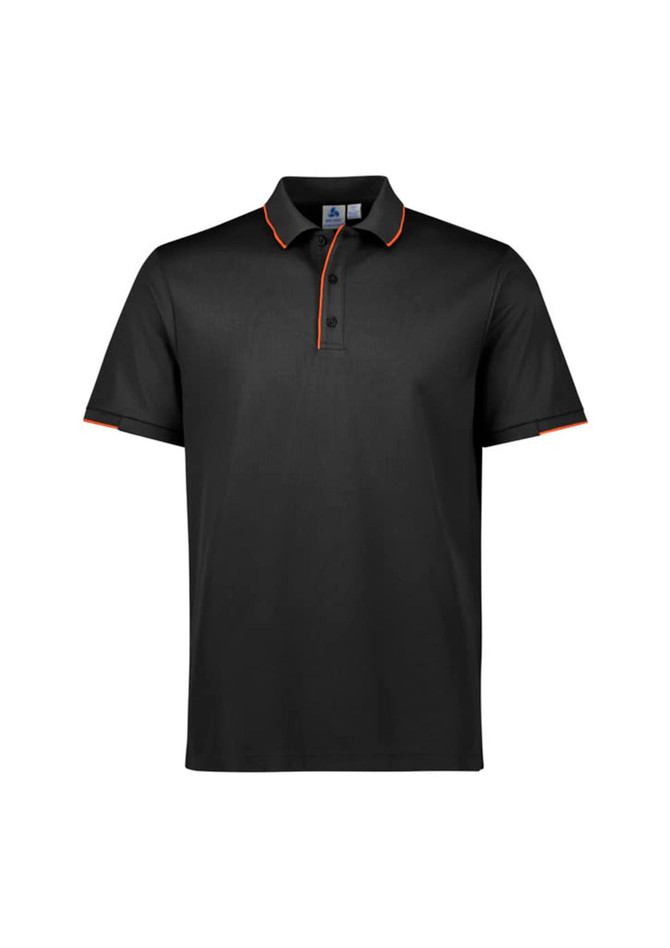 A black short sleeve polo shirt featuring orange accents and a logo on the chest.