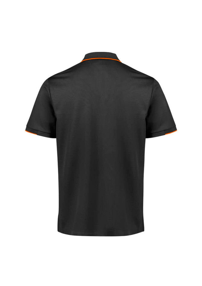 A black men's short sleeve polo shirt featuring contrasting orange trim and a logo on the back.