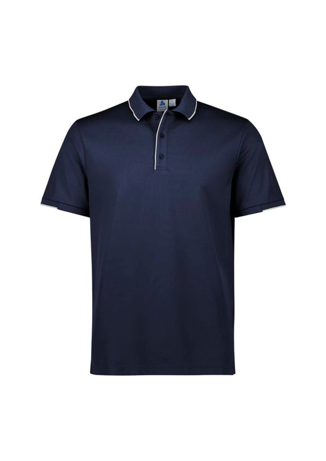 A navy short sleeve polo shirt with contrasting collar and sleeves, featuring a logo on the chest.