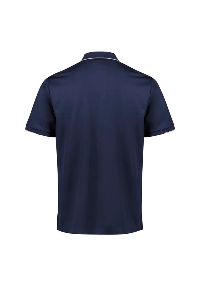 A navy short sleeve polo shirt with a collar and a back view. The shirt features a logo.