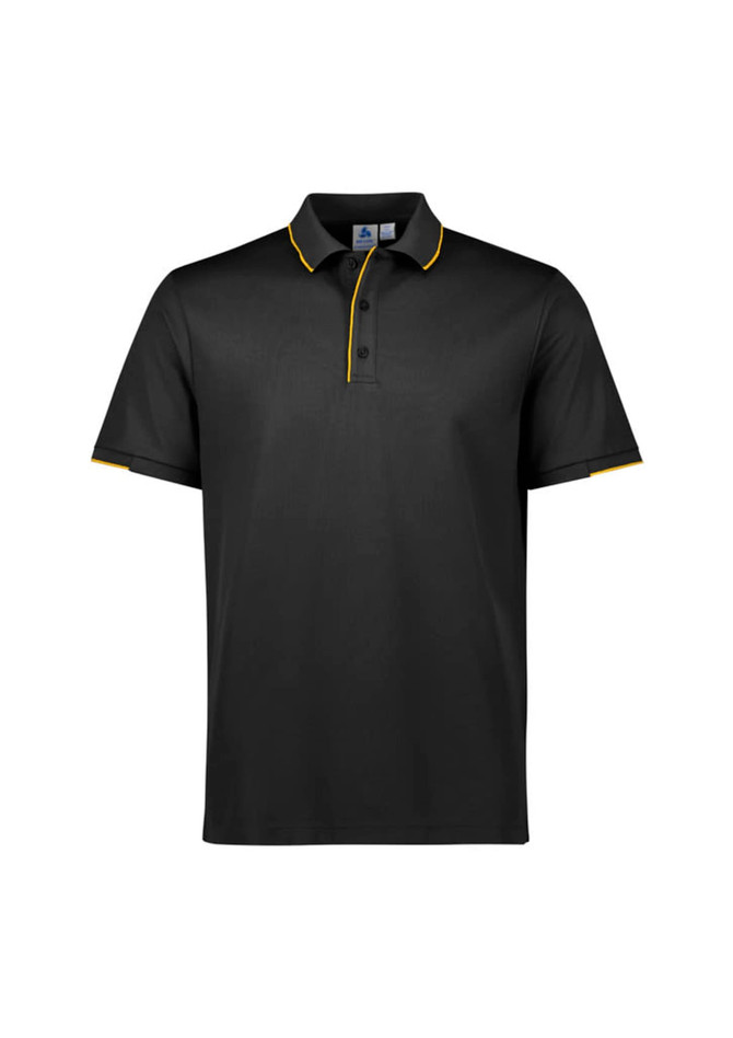 A black short sleeve polo shirt with yellow collar and button detailing, featuring a logo.