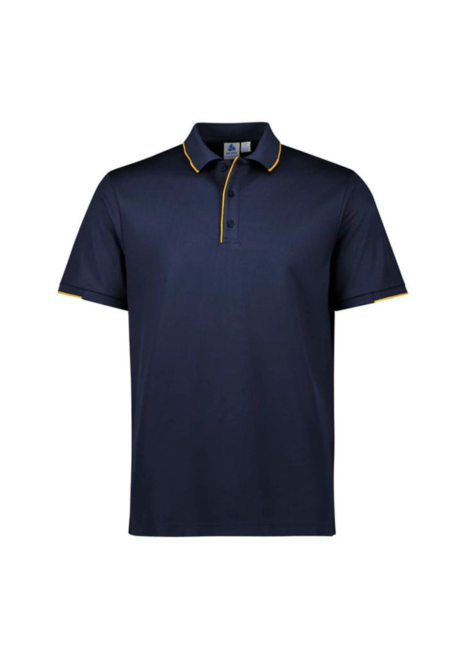Navy blue short sleeve polo shirt with yellow accents and a logo on the chest.