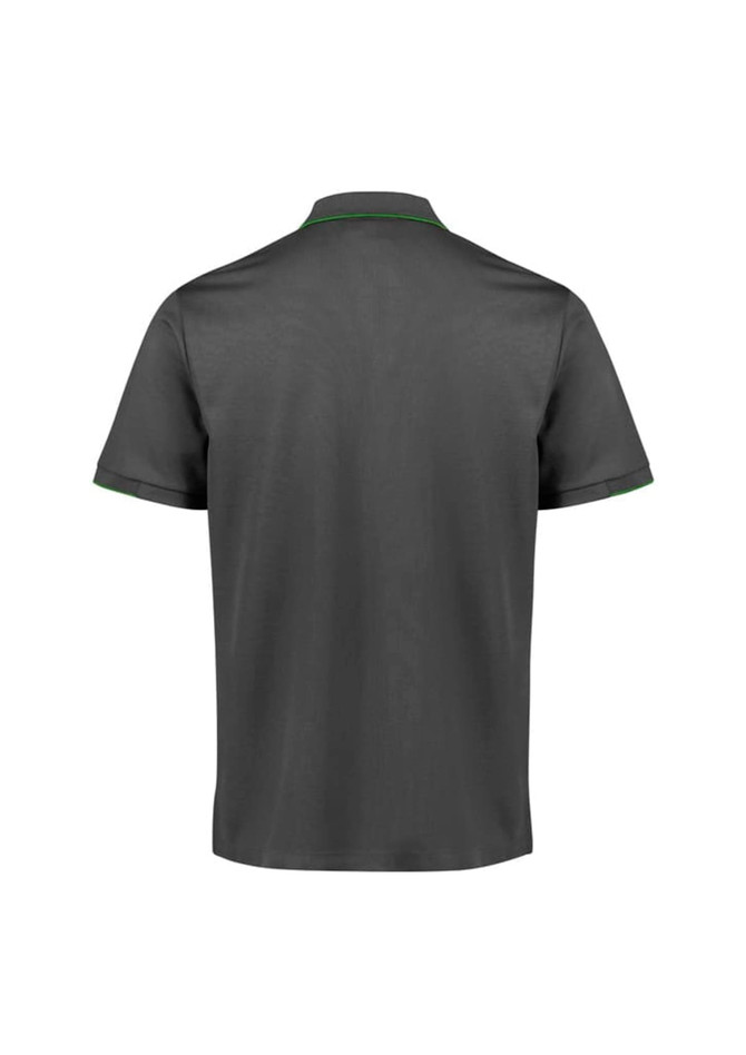 A grey men's short sleeve polo shirt with green detailing and a logo. Features a classic collar and a relaxed fit.