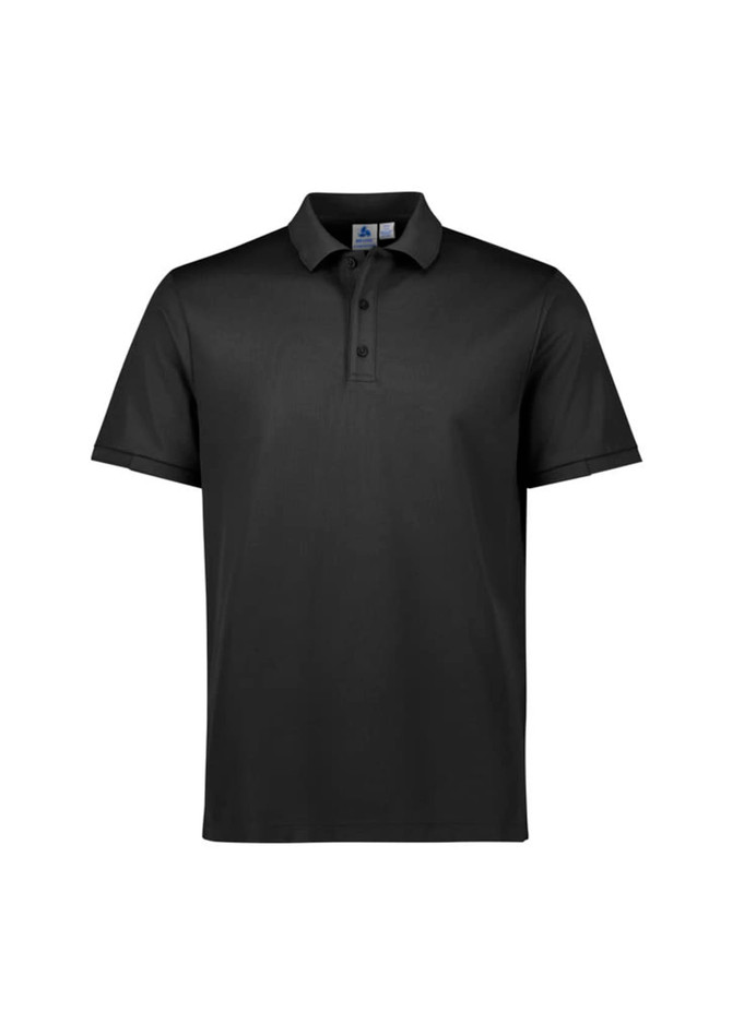 A black short sleeve polo shirt featuring a collar and buttons, with a logo on the chest.
