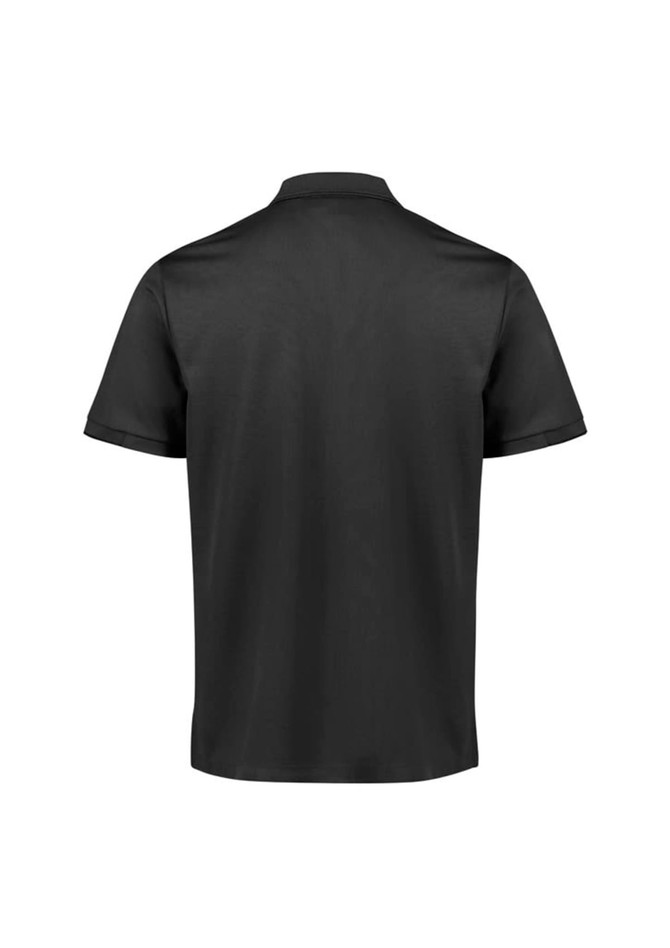 A black short sleeve polo shirt with a standard collar and a logo on the side.