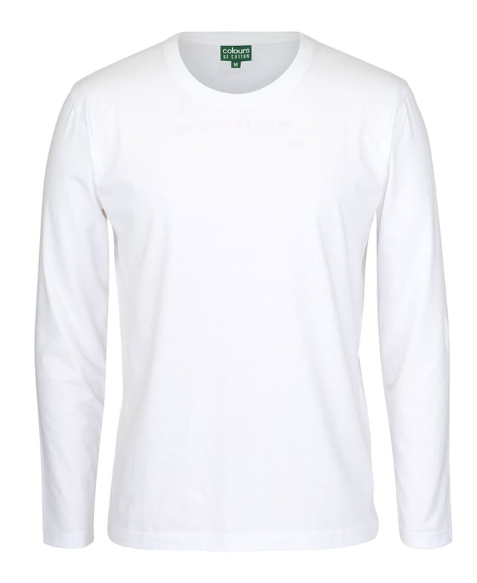 A white long-sleeve t-shirt displayed flat, featuring a simple design and a logo on the collar.