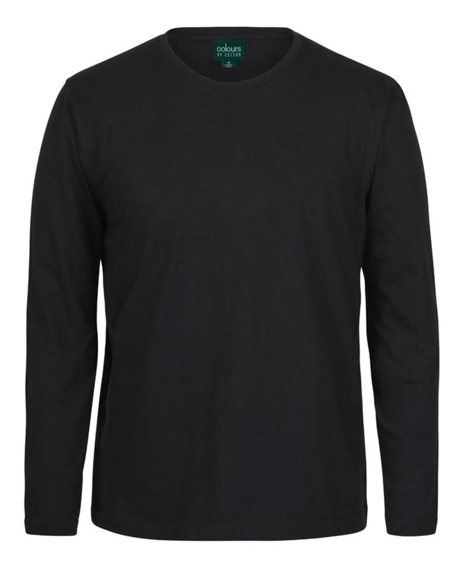 A black long-sleeve t-shirt featuring a round neckline and a brand logo on the tag.