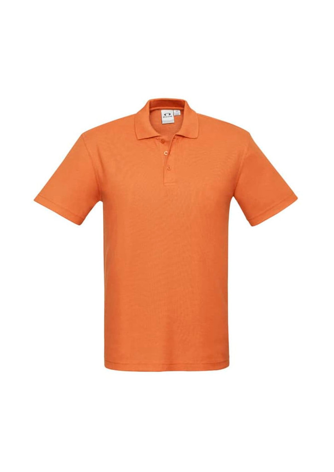 An orange men's polo shirt featuring a collar and three buttons, with a logo on the chest.