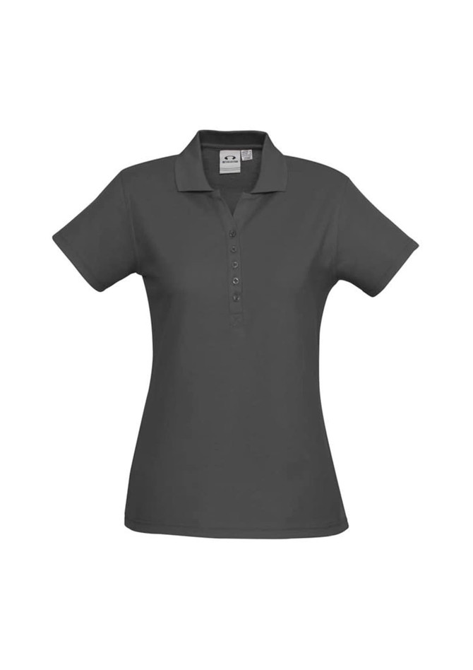 A grey ladies' polo shirt featuring a collar and button placket, with a logo on the label.