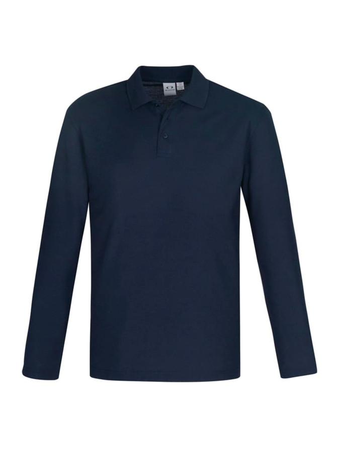 A long sleeve polo shirt in navy blue with a collar and a logo.