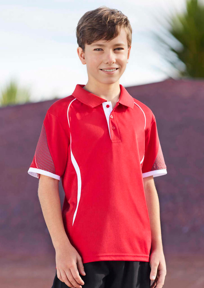 A red short sleeve polo shirt for kids with a stylish design and a logo on the chest.