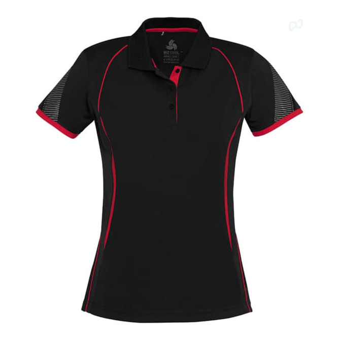 A black women's short sleeve polo shirt with red accents and a logo. Features a classic collar design.