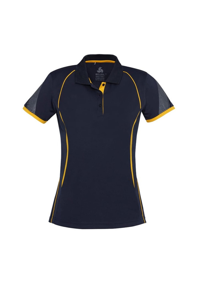 A women's short sleeve polo shirt in navy blue with yellow accents and a logo on the front.