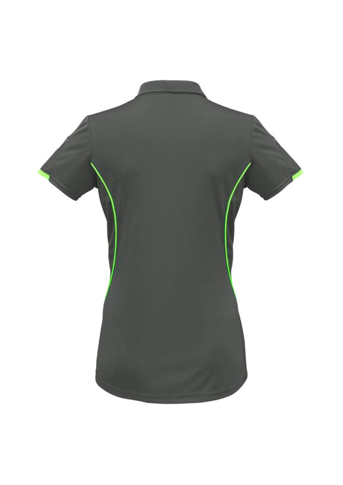 A women's short sleeve polo shirt in dark grey with neon green accent detailing and a logo on the side.
